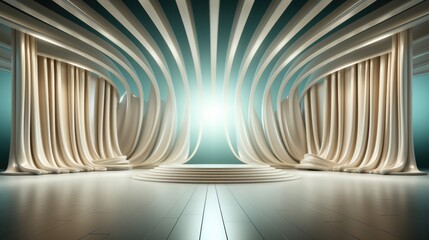 An empty stage with white curtains and a bright light. Digital image.