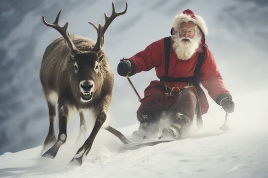 Santa Claus is riding a reindeer in a hurry to deliver gift boxes to children around the world. Santa claus, christmas, generative ai