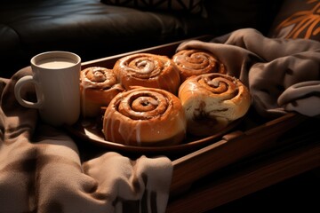 A tray of cinnamon buns and a cup of coffee. Digital image.