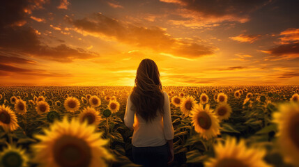 a field of sunflowers at sunset, ai generated.