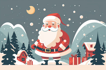 Naklejka premium Santa Claus with big signboard. Merry Christmas and Happy New Year! Holiday greeting card. Holiday cartoon character in winter season.