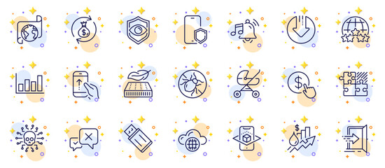Outline set of Rating stars, Puzzle game and Eye detect line icons for web app. Include Entrance, Buy currency, Cloud computing pictogram icons. Download arrow, Lightweight mattress. Vector