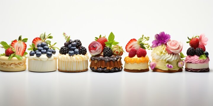 A row of mini cakes with different toppings. Digital image.
