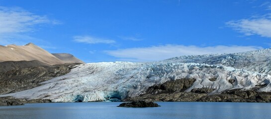 the incredible nordenskold glacier in billefjorden on a boat tour on a sunny day near longyearbyen, svalbard, norway 