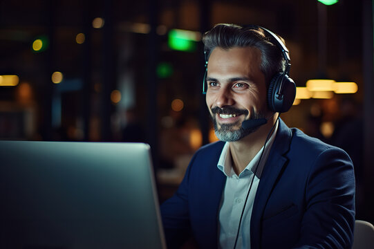 Friendly Call Center Professional Providing Exceptional Service with a Smile While Wearing Headphones and Working on a Laptop. created with Generative AI