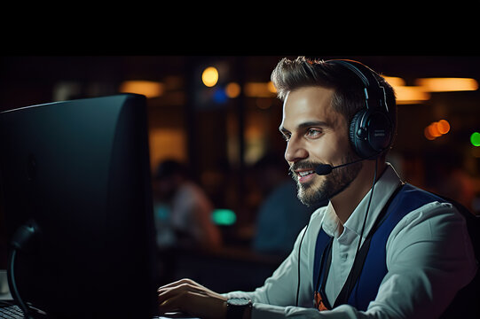 Friendly Call Center Professional Providing Exceptional Service with a Smile While Wearing Headphones and Working on a Laptop. created with Generative AI