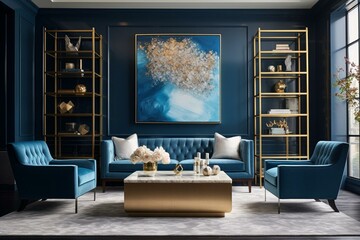 Modern blue living room with trendy furniture, elegant accents, and art-displaying table. Generative AI