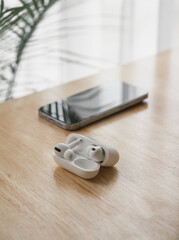 close-up new modern headphone portable device