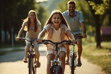Joyful Morning Ride Caucasian Family Biking Together in the Park, Embracing Hobby and Relaxation. created with Generative AI