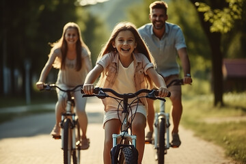 Obraz premium Joyful Morning Ride Caucasian Family Biking Together in the Park, Embracing Hobby and Relaxation. created with Generative AI