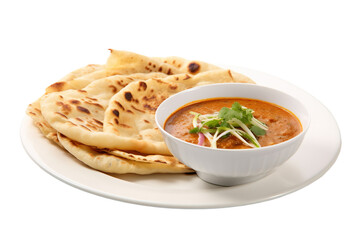 ndian roti prata canai 2 pieces with spicy curry chicken gravy soup in bowl in white background asian halal menu