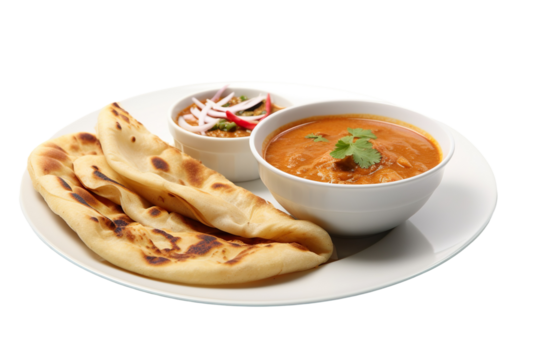 ndian roti prata canai 2 pieces with spicy curry chicken gravy soup in bowl in white background asian halal menu