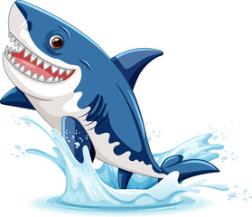 Naklejka premium A cartoon illustration of a great white shark with big teeth, leaping out of the water with a smile
