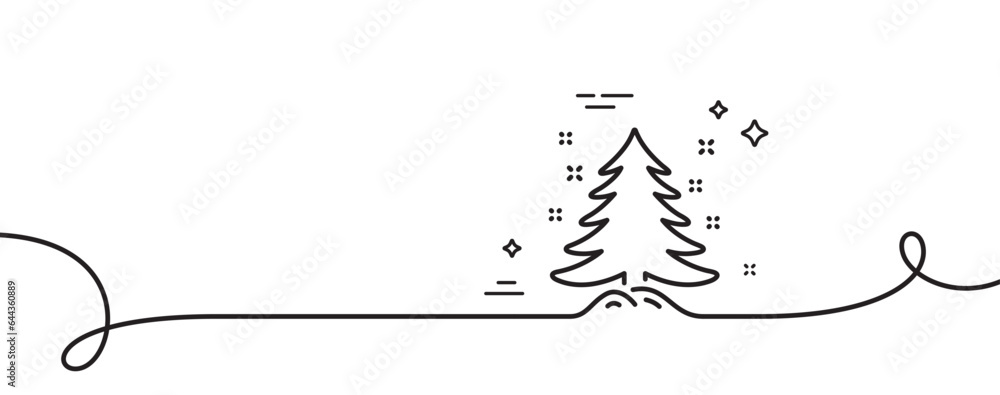 Poster christmas tree present line icon. continuous one line with curl. new year spruce sign. fir-tree symb