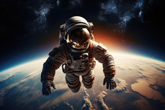 high angle photo of an astronaut in space with the earth, ai generated.