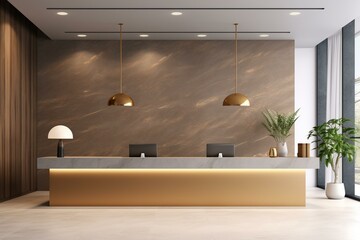 Bright reception area with neutral wall for ads, marble desk, contemporary ceiling lamps, wooden wall decor. 3D rendering. Generative AI