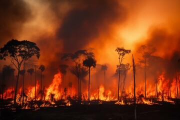 Burning trees in Amazon rainforest for algriculture; incriminating CO2 emissions, atmosphere, ecology, global warming. Para state, Brazil. Generative AI - obrazy, fototapety, plakaty