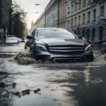 A car on a city street with a flood