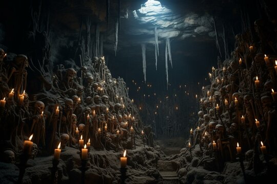 Eerie underground cavern illuminated by flickering candles and littered with skulls and bones. Abandoned, macabre art. Generative AI