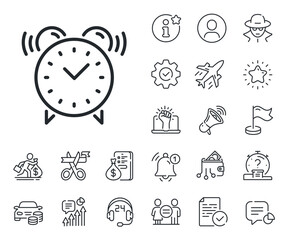 Time or watch sign. Salaryman, gender equality and alert bell outline icons. Alarm clock line icon. Alarm clock line sign. Spy or profile placeholder icon. Online support, strike. Vector
