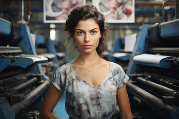 Fototapeta premium A woman posing in front of a massive industrial machine