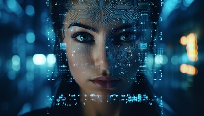 A woman's face with a technologically inspired circuit board pattern