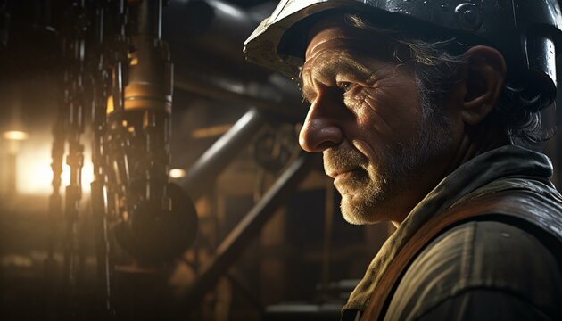 A man wearing a hard hat inspecting something carefully