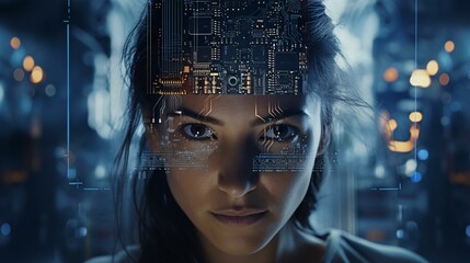A woman's head with a futuristic circuit board on top, representing the merging of technology and human intelligence