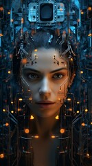 A woman's face with a circuit board in the background