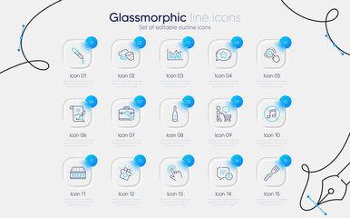 Set of Chemistry pipette, Chat bubble and No music line icons for web app. Love gift, Champagne bottle, Cursor icons. Tool case, Favorite chat, Investment signs. Fork, Potato, Buyer think. Vector