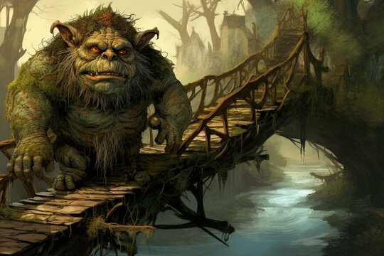 An illustrated bridge with troll guarding over the river. Generative AI
