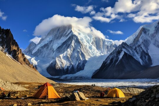 Breathtaking view of Broad Peak and K2 mountains at Concordia campsite, K2 base camp trek, Karakoram, Pakistan. Generative AI