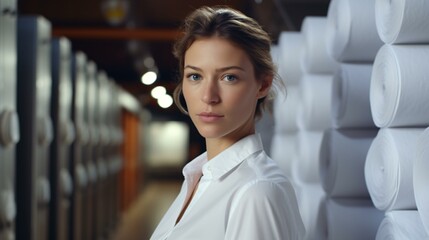 A woman surrounded by stacks of toilet paper