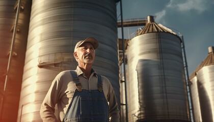 A man in overalls standing in front of silos