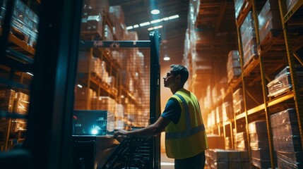 Fototapeta na wymiar A man wearing a yellow vest standing in a warehouse