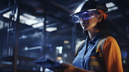 A woman wearing safety goggles and a hard hat