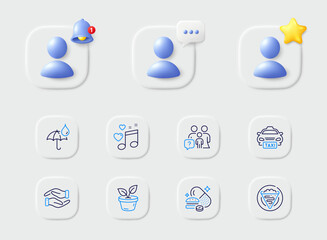 Love music, Overeating pills and Helping hand line icons. Placeholder with 3d star, reminder bell, chat. Pack of Family questions, Leaves, Waterproof umbrella icon. Crepe, Taxi pictogram. Vector