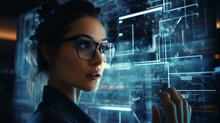 A woman wearing glasses looking at a futuristic screen