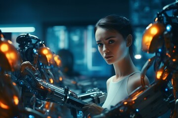 Fototapeta na wymiar A woman assembling a robot in a factory