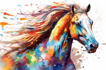 Colorful digital illustration of a horse on a white background with splashes of vibrant paint. Generative AI