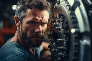 A bearded man holding a gear wheel