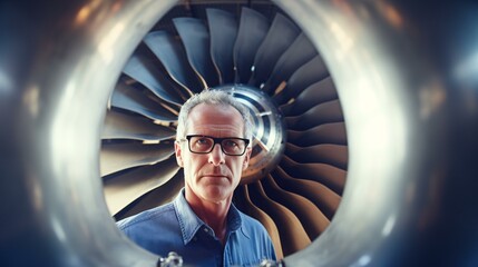 A man standing in front of a jet engine