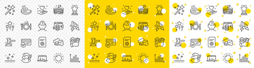 Outline Judge hammer, Sunny weather and Grilled steak line icons pack for web with Food, Payment methods, Hold heart line icon. Stars, Diagram graph, Psychology pictogram icon. Pillow. Vector