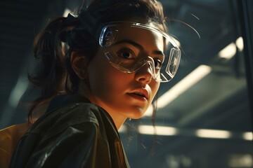 A stylish woman in goggles and a leather jacket