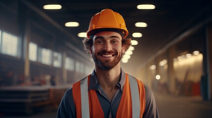 Employee with a happy smile. Inside a factory, a factory worker. Orange hard hat worn by a young technician.