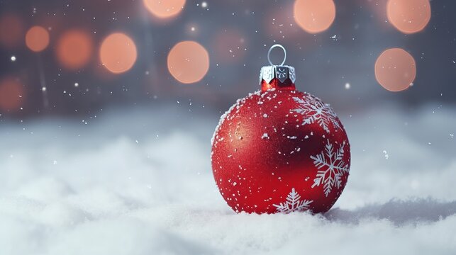 Christmas-themed red balls on a snowy bokeh background.