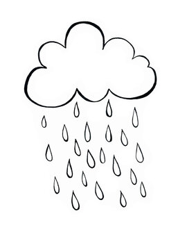 Decorative cloud. Raindrops from the cloud in the diagonal direction. Different in shape and size. Drawn with black lines. White background.