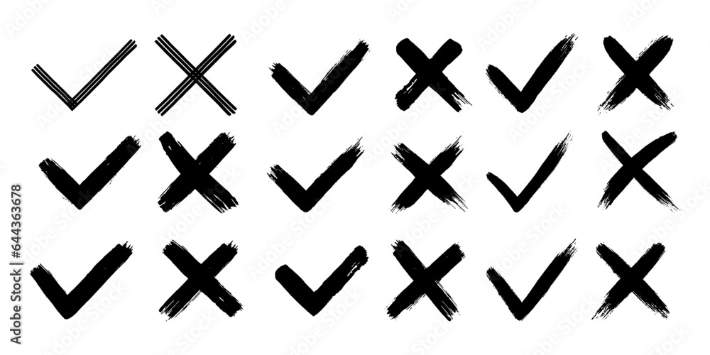 Poster dirty grunge hand drawn with brush strokes cross x and tick ok check marks v vector illustration set
