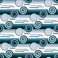 Seamless pattern in retro style. Disco wavy blue background for fashionable prints in funk style. An unusual psychedelic summer background with a whirlpool. Sea line, raging, wave