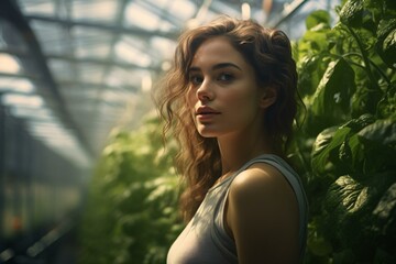 A woman surrounded by lush greenery in a vibrant greenhouse